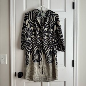 Maeve / Anthropologie Retro Patterned Dress | Navy Blue | Drawstring Waist